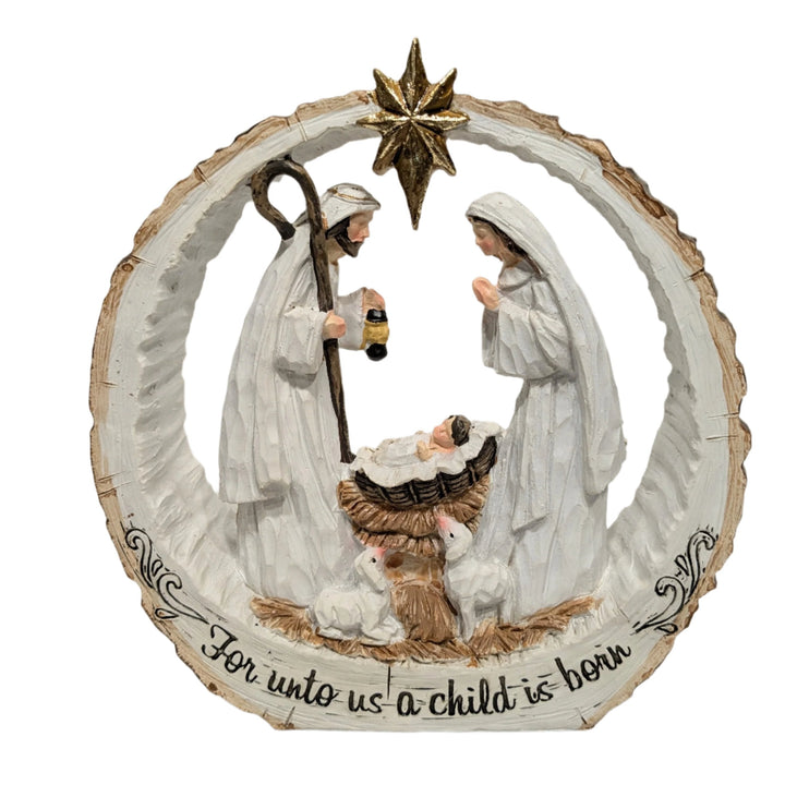 White Wooden Nativity with Holy Family & Gold Star- For Unto Us a Child Is Born