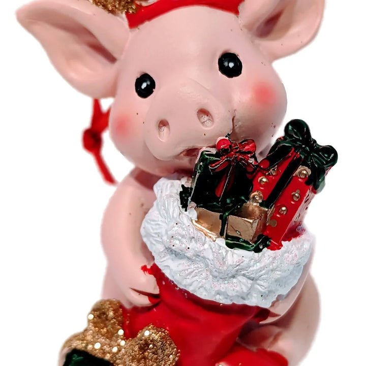 Christmas Pig Ornament Holding Red Stocking with Christmas Gifts