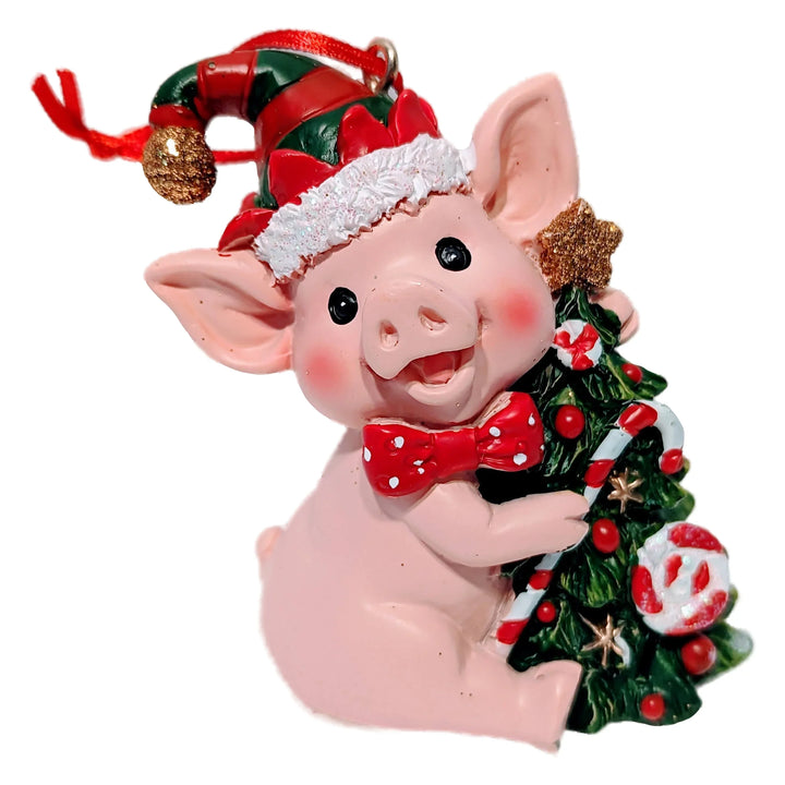 Christmas Pig Ornament Holding Decorated Christmas Tree Wearing Red Elf Hat