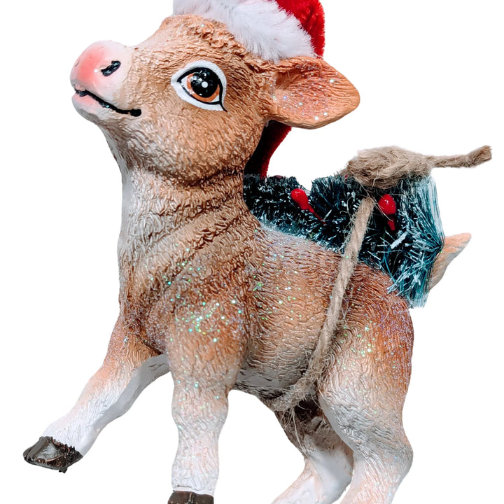 Christmas Cow Ornament Wearing Red Santa Hat