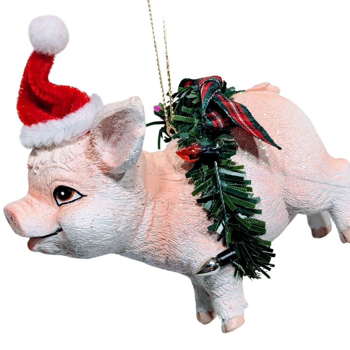 Christmas Pig Ornament Wearing Red Santa Hat