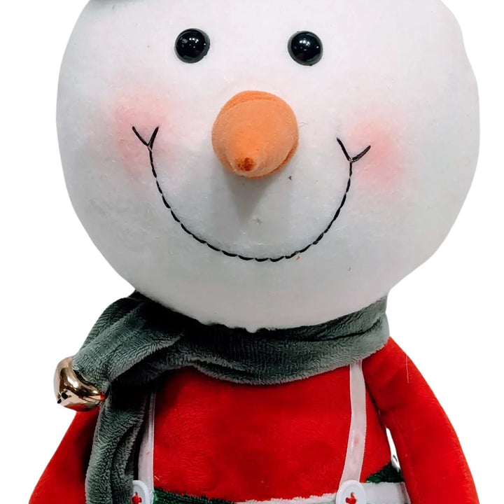 Plush Whimsy Snowman with Oversized Head Wearing Black Hat & Green Striped Overalls