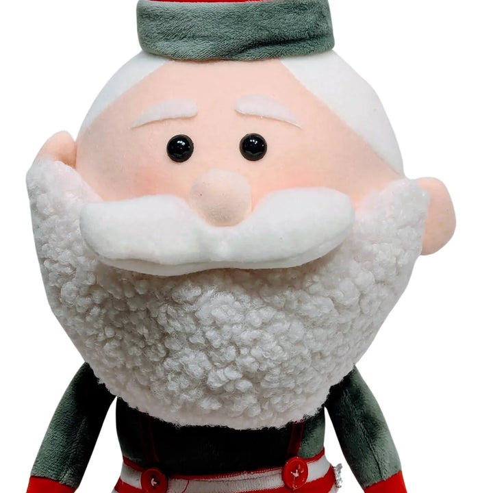 Plush Whimsy Santa with Oversized Head Wearing Santa hat & Red Striped Overalls