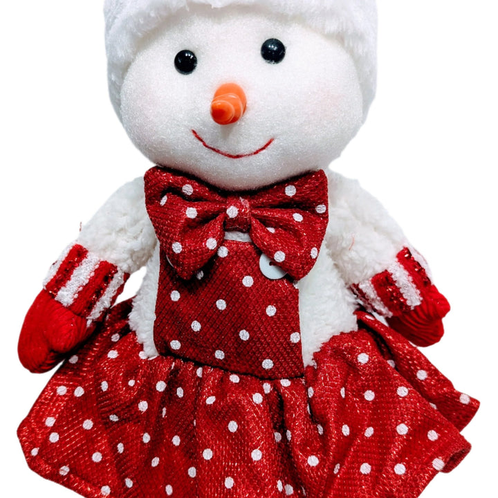 Plush Standing Snowman Wearing Red Polk-a-Dot Dress with Red/White Hat