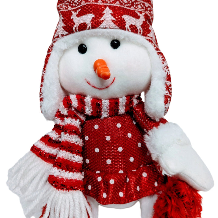 Plush Snowman Wearing Winter Hat with Snowflakes & Red/White Scarf