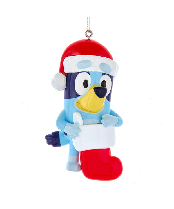 Bluey Ornament Wearing Santa Hat & Holding Red Stocking