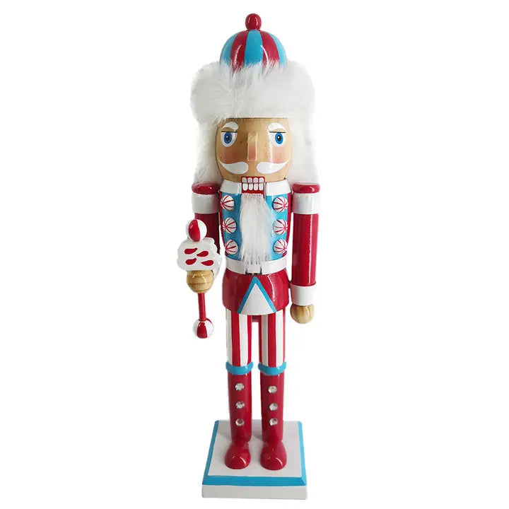 Wooden Retro Red & Blue Candy Cane Soldier Nutcracker with Fur Hat