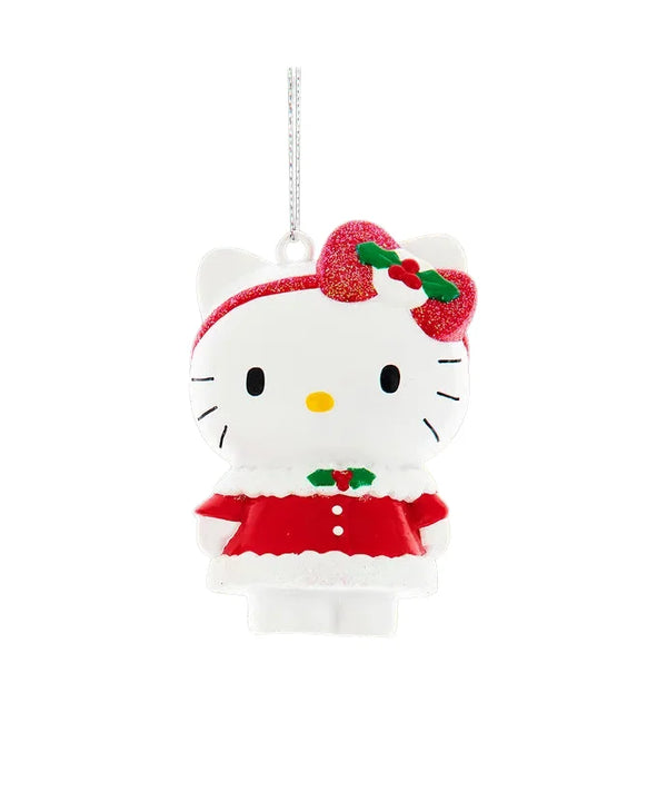 Christmas Hello Kitty Ornament Wearing Red Dress & Red Bow with Holly