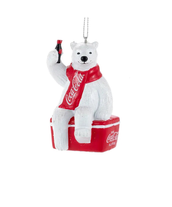 Coca-Cola Bear Ornament holding bottle of Coke & sitting on a cooler 4"x2"