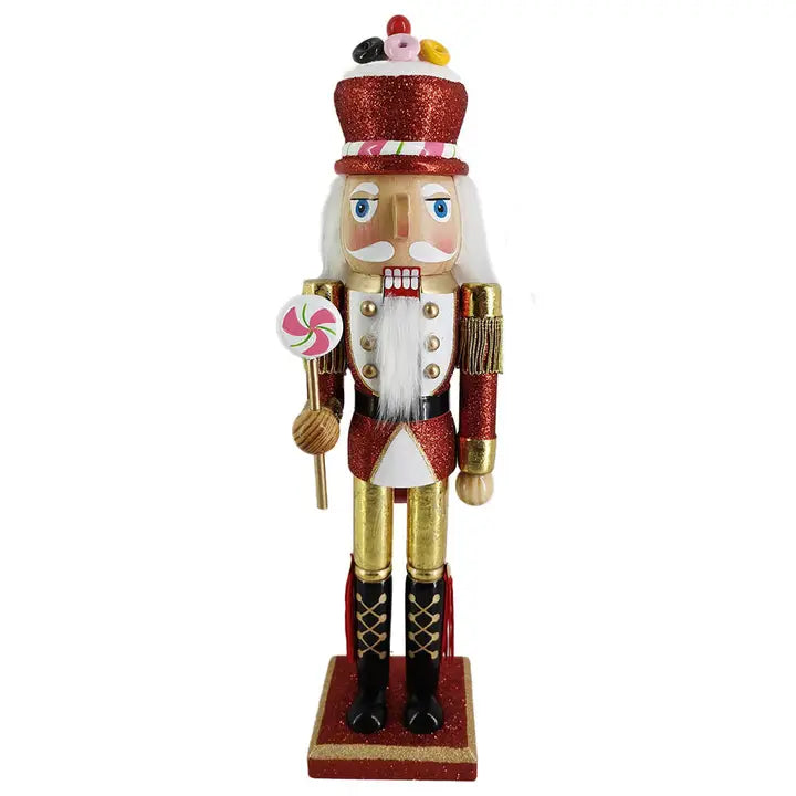 Wooden Cupcake Red/Gold Nutcracker with Cupcake on Top