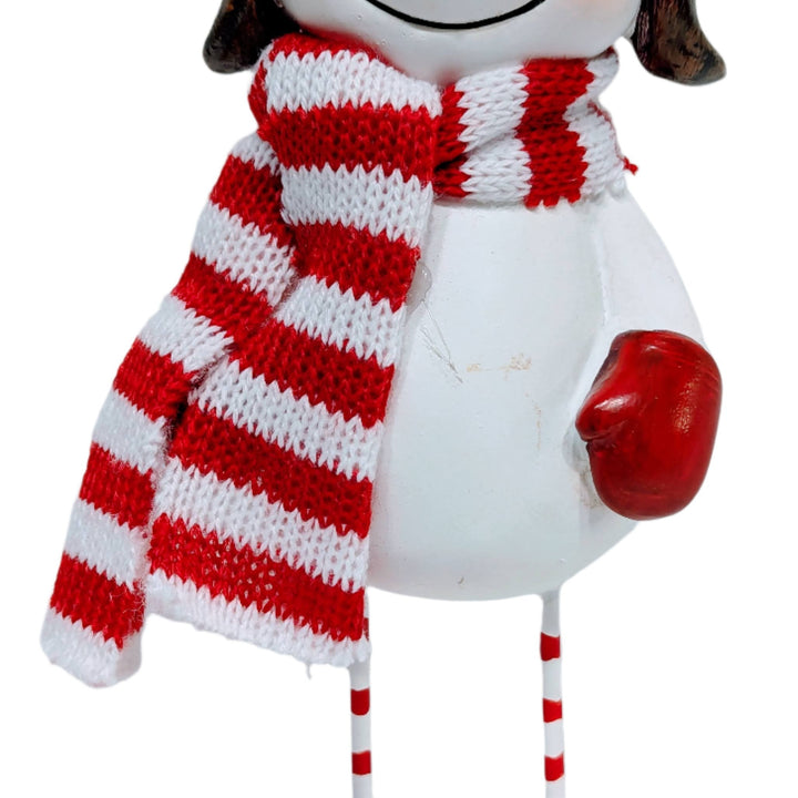 Snowman Figurine Wearing Red/White Scarf & Aviator Hat