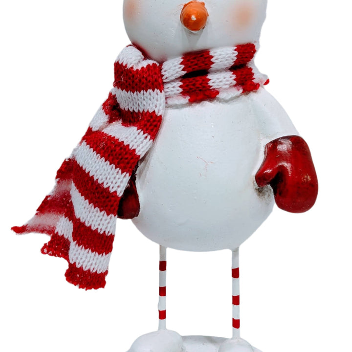 Snowman Figurine Wearing Red/White Scarf & Has Red Bird On Head