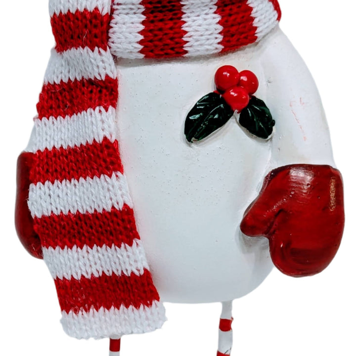 Snowman Figurine Wearing Red/White Scarf & Red Ear Muffs