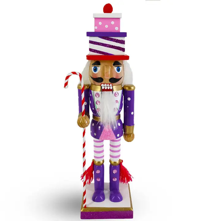 Wooden Candy Cane Soldier Nutcracker with Purple Pink & White Gift Hat