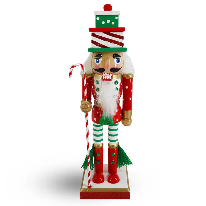 Wooden Candy Cane Soldier Nutcracker with Red Green & White Gift Hat