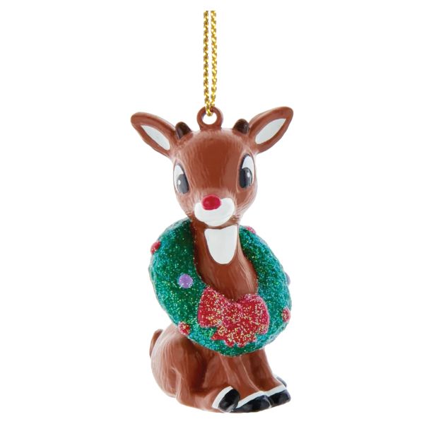 Rudolph Ornament Wearing Christmas Wreath Around Neck