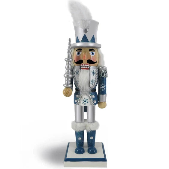 Wooden Snow Fantasy Silver Soldier Nutcracker with White Feather in His Hat