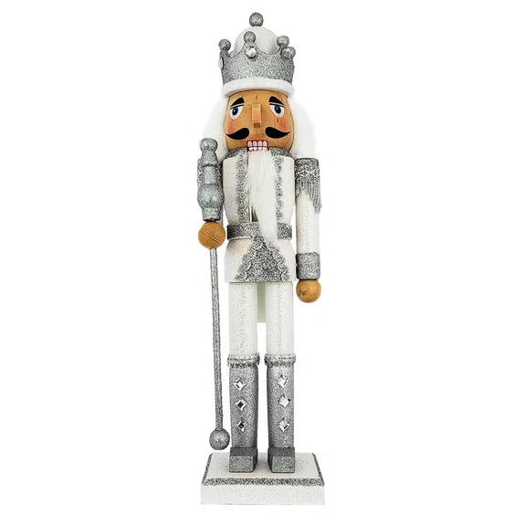 Wooden Glittered Silver & White King Nutcracker Holding a Staff