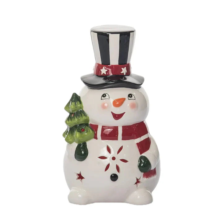 Ceramic Light Up Snowman Figurine Wearing Black Hat & Red Scarf